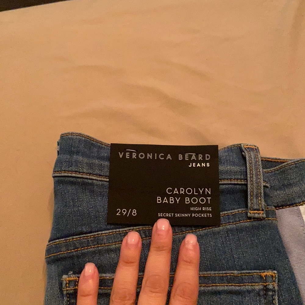 Veronica Beard jeans with side tuxedo stripe in baby blue and white